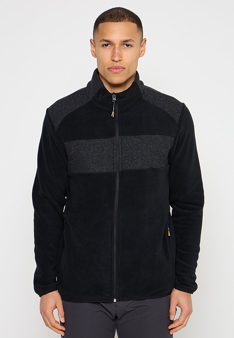 Schwarze Fleecejacke mit durchgehendem Reißverschluss. Verfügt über dunkelgraue Einsätze an Schultern und Brust. Weiche Textur, minimalistisches Design, hoher Kragen.