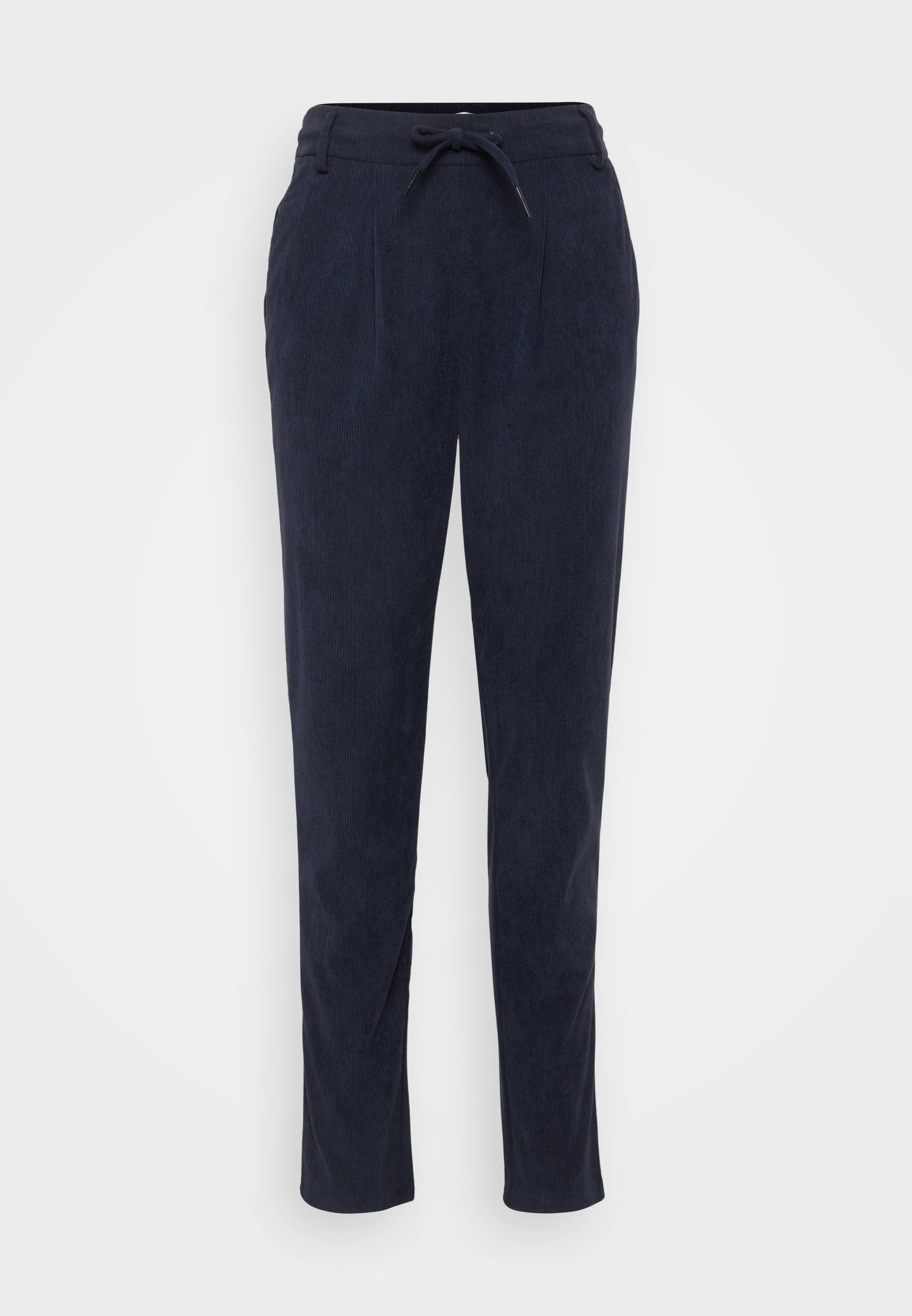 Navyblaue Corduroyhose mit einem Kordelzugbund, gerader Beinform und strukturiertem Obermaterial. Verfügt über zwei Fronttaschen und ein schlankes Design.