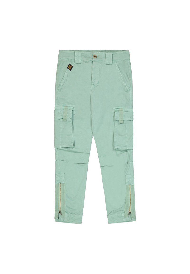 Mintgrüne Cargohosen mit mehreren Taschen, seitlichen Reißverschlüssen und einem Knopfverschluss. Hergestellt aus leichtem Stoff.