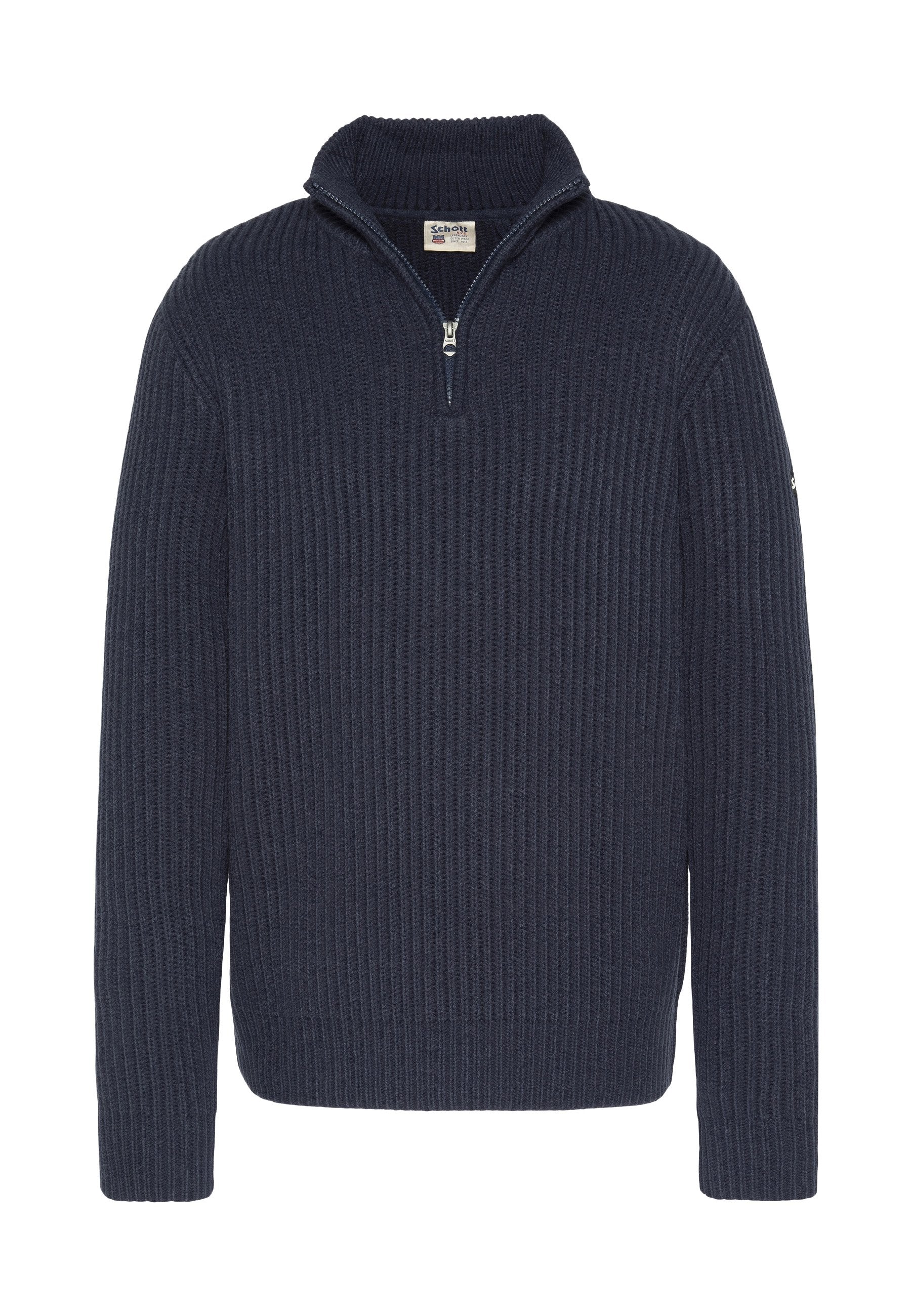 Marineblauer gerippter Pullover mit einem Viertel-Reißverschluss am Kragen, langen Ärmeln und strukturiertem Stoff. Verfügt über ein kleines Etikett am linken Ärmel.