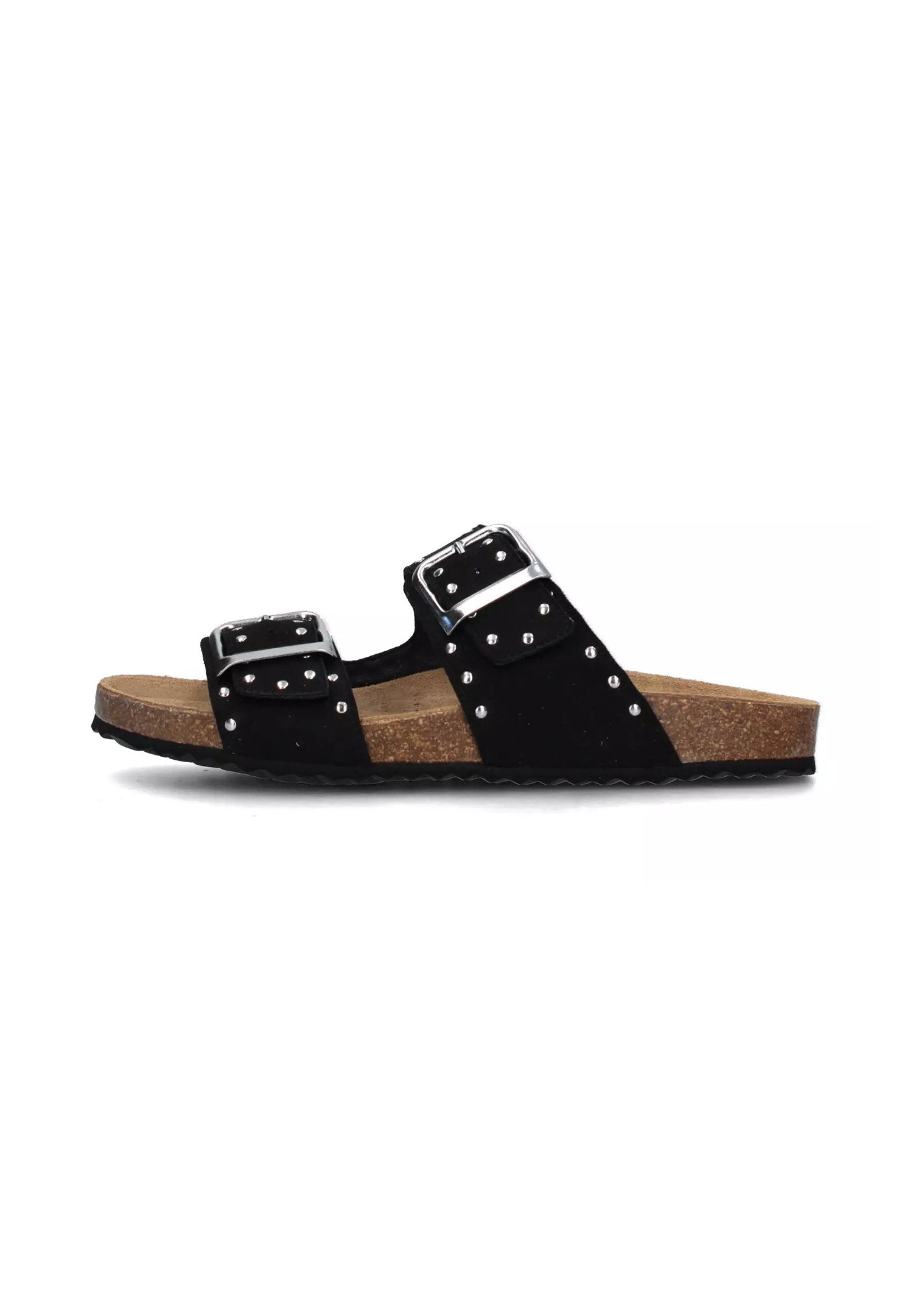 Schwarze Wildledersandalen mit zwei verstellbaren Riemen und silbernen Schnallen. Mit Nietenakzenten und einer Korkzwischensohle mit einer strukturierten Gummisohle.