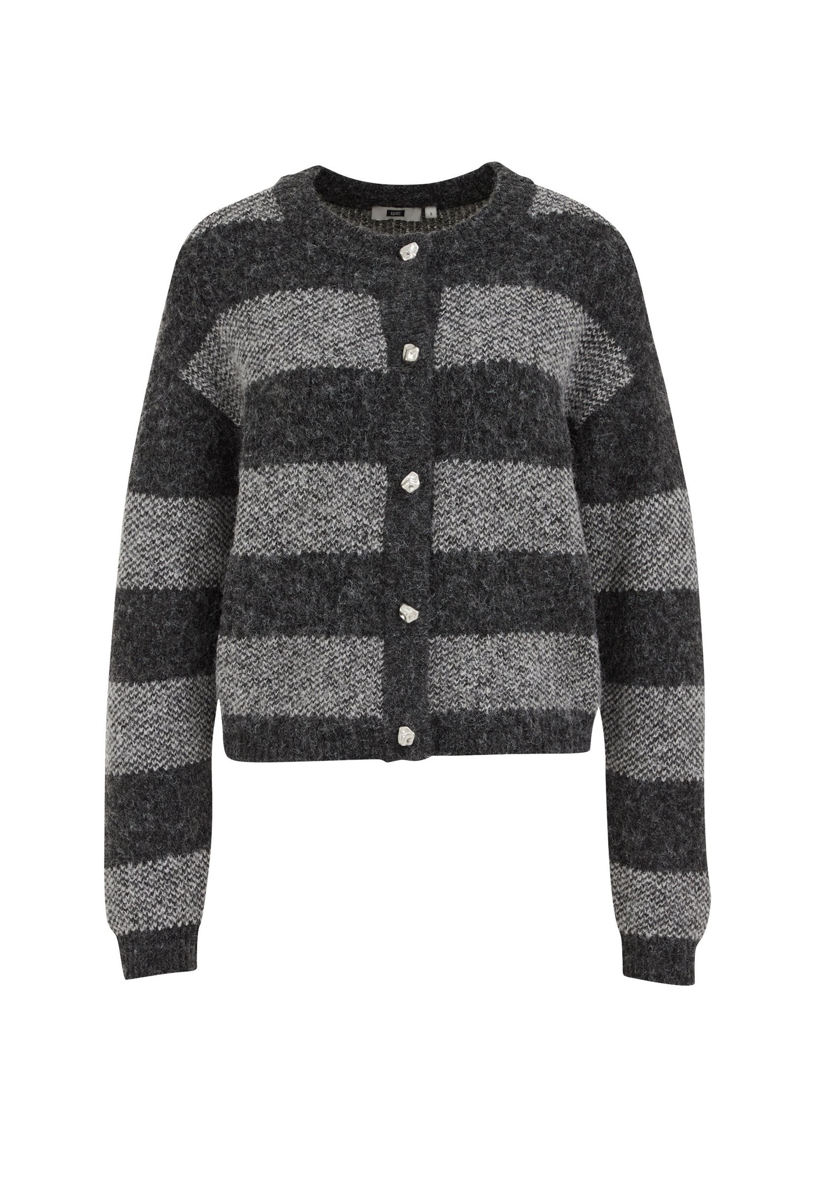 Grau und schwarz gestreifter Cardigan aus weichem Strickmaterial, mit Rundhalsausschnitt und sechs dekorativen Knöpfen auf der Vorderseite.