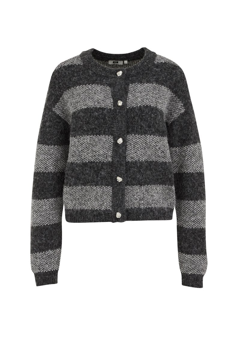 Grau und schwarz gestreifter Cardigan aus weichem Strickmaterial, mit Rundhalsausschnitt und sechs dekorativen Knöpfen auf der Vorderseite.