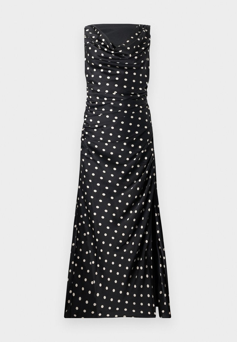 Schwarzes, trägerloses Abendkleid mit cremfarbenen Punkten, das mit drapierter Stoffqualität, Rüschendetails und einer figurbetonten, fließenden Silhouette ausgestattet ist.