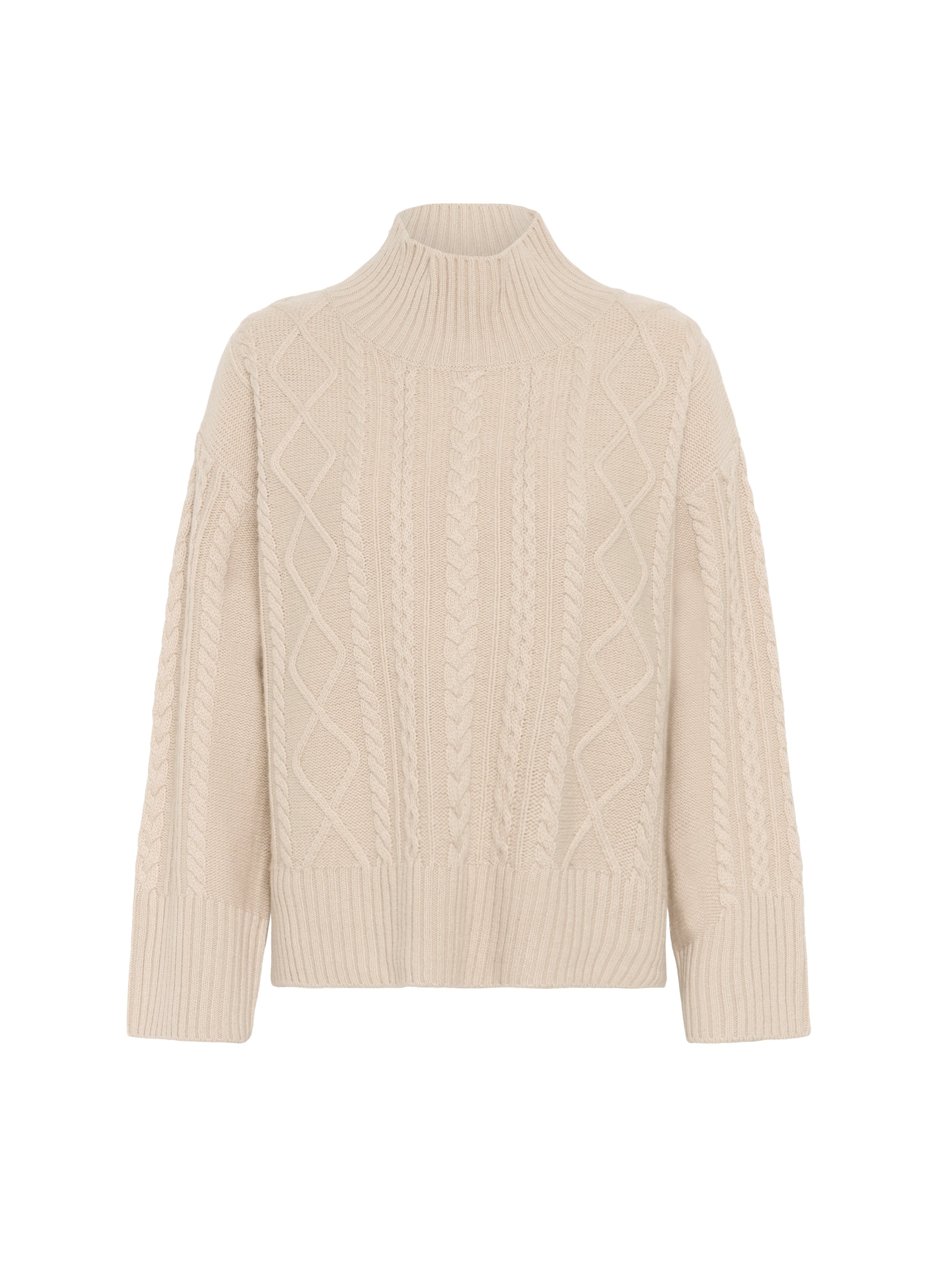 Beige Rollkragenpullover aus Kabelstrick mit geripptem Saum und weiten Ärmeln, ausgestattet mit strukturierten Mustern und einem weichen, gemütlichen Finish.
