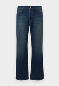 Dunkelblaue Jeans aus Denim mit geradem Bein, fünf Taschen, Reißverschluss und Metallknopf. Mit leichter Verwaschung an den Oberschenkeln.