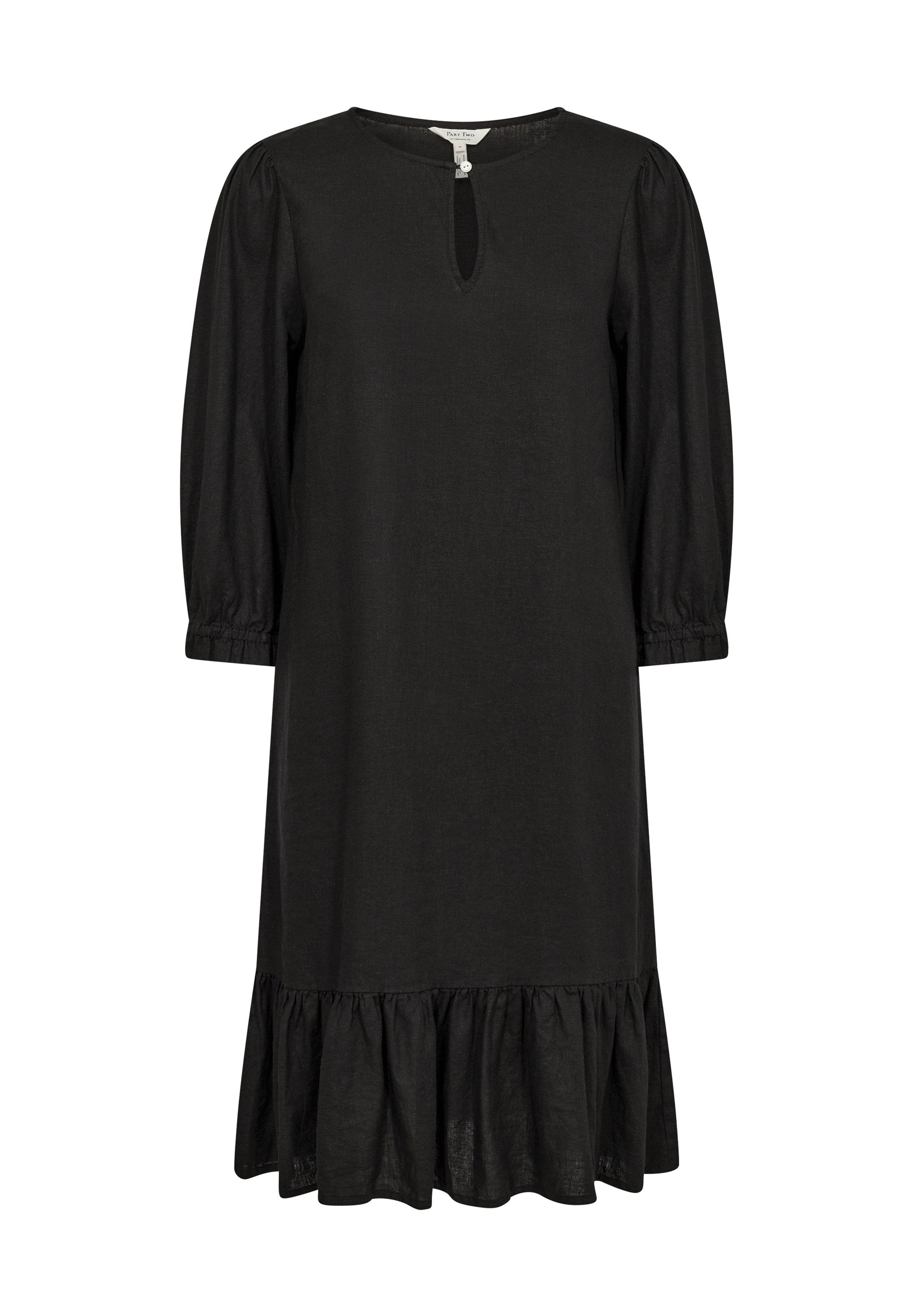 Schwarzes Leinenkleid mit rundem Ausschnitt, Schlüsselhole-Detail, Ballonärmeln und einem Rüschensaum. Lässige Passform mit strukturierter Oberfläche.