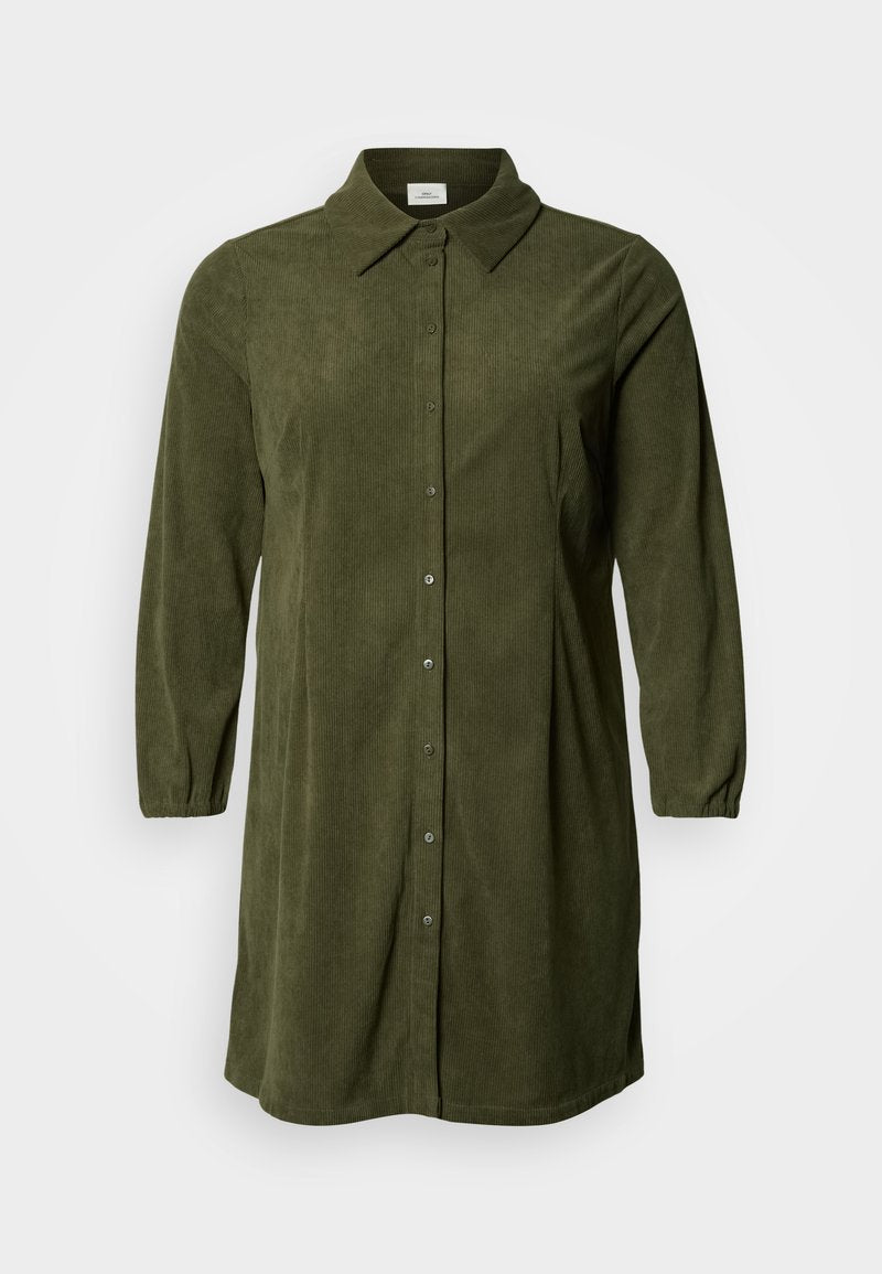 Olivgrünes Cordkleid mit durchgehender Knopfleiste, klassischem Kragen und langen Puffärmeln. Strukturierter Stoff mit vertikalen Rippen.