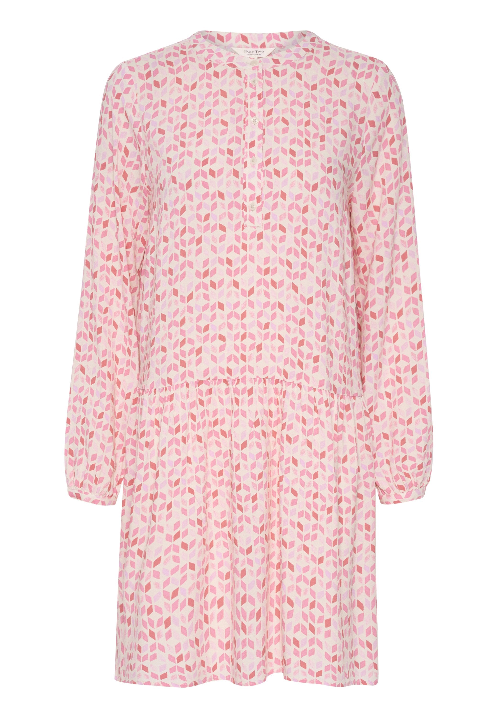 Rufblauer, gemusterter Kleid mit langen Ärmeln und rundem Ausschnitt. Verfügt über ein gestuftes Design und eine Knopfleiste vorne. Hergestellt aus leichtem Stoff.