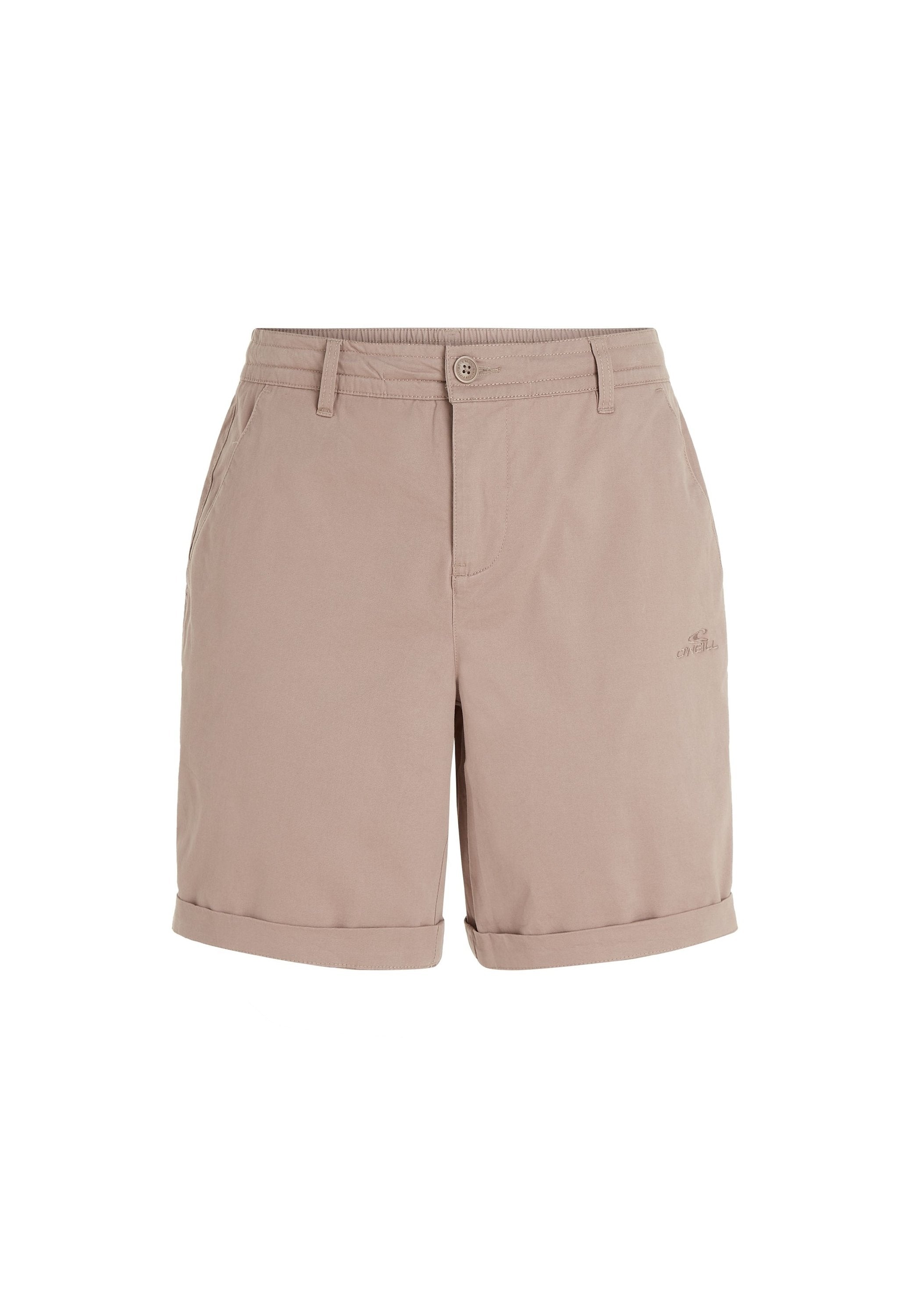 Hellbeige Baumwollkurzshorts mit Knopfverschluss, zwei Seitentaschen und umgeschlagenen Säumen. Mit einem kleinen Logo-Detail in der Nähe des Bundes.