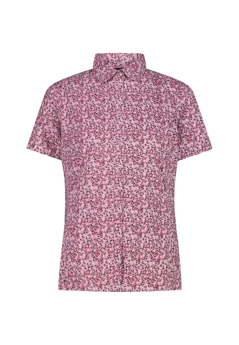 Kurzarmhemd aus pinkem Stoff mit Blumenmuster. Verfügt über einen Kragen, eine knöpfbare Front und eine lässige Passform.
