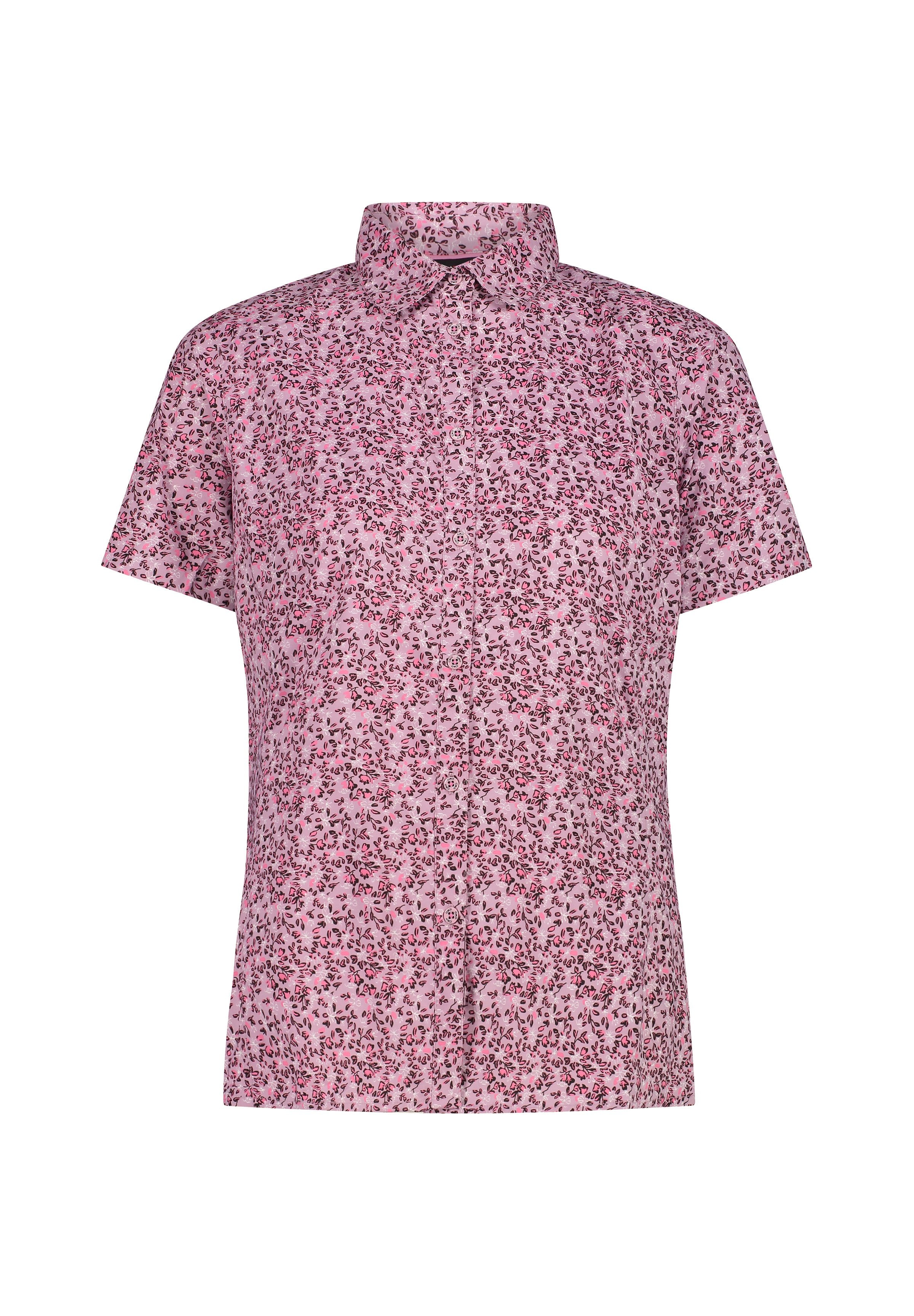 Kurzarmhemd aus pinkem Stoff mit Blumenmuster. Verfügt über einen Kragen, eine knöpfbare Front und eine lässige Passform.