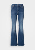 Flare-Jeans aus Denim in Blau, mit hoher Taille, ausgewaschenem Look, gestickten Details und klassischem Fünf-Taschen-Design.