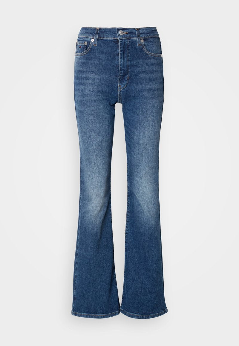 Flare-Jeans aus Denim in Blau, mit hoher Taille, ausgewaschenem Look, gestickten Details und klassischem Fünf-Taschen-Design.
