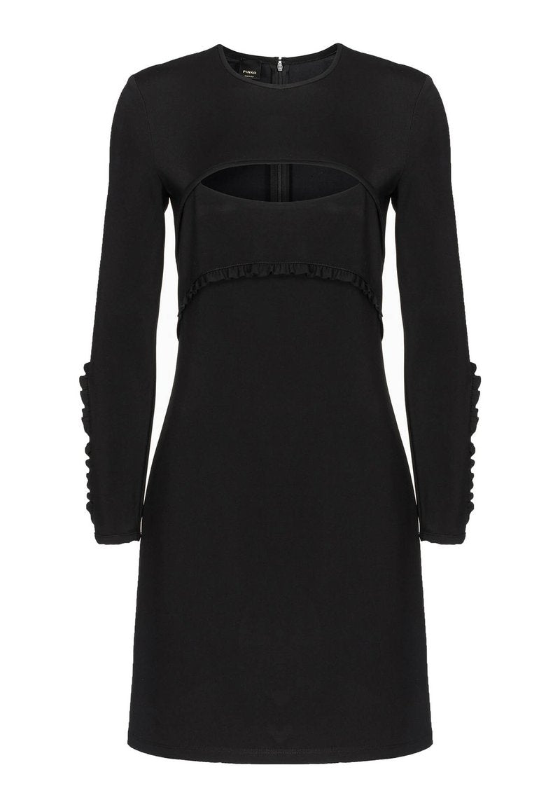Schwarzes Kleid mit langen Ärmeln, featuring einem ausgeschnittenen Bereich, Rüschendetails an der Taille und den Ärmelenden sowie einem Reißverschluss hinten.