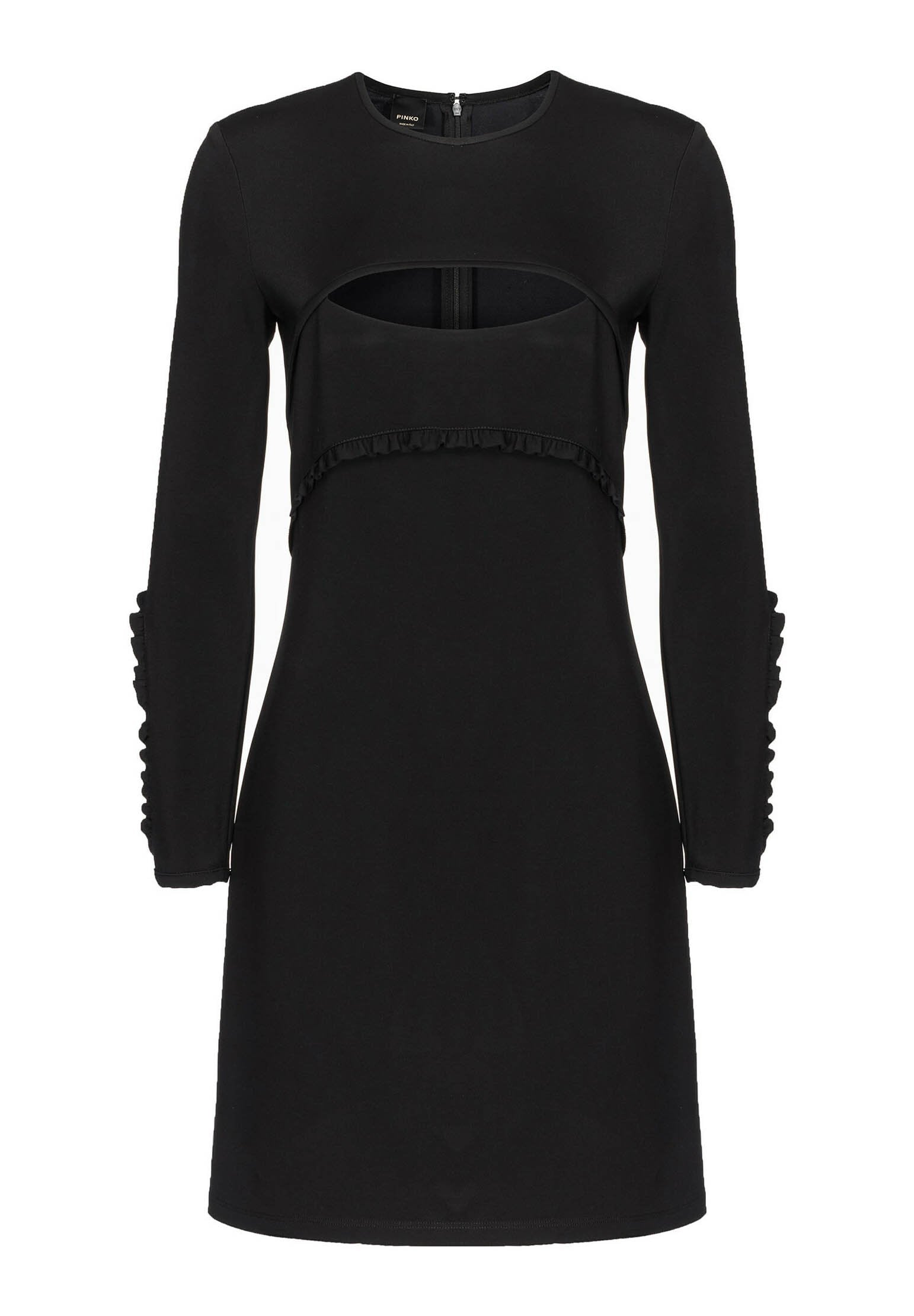 Schwarzes Kleid mit langen Ärmeln, featuring einem ausgeschnittenen Bereich, Rüschendetails an der Taille und den Ärmelenden sowie einem Reißverschluss hinten.