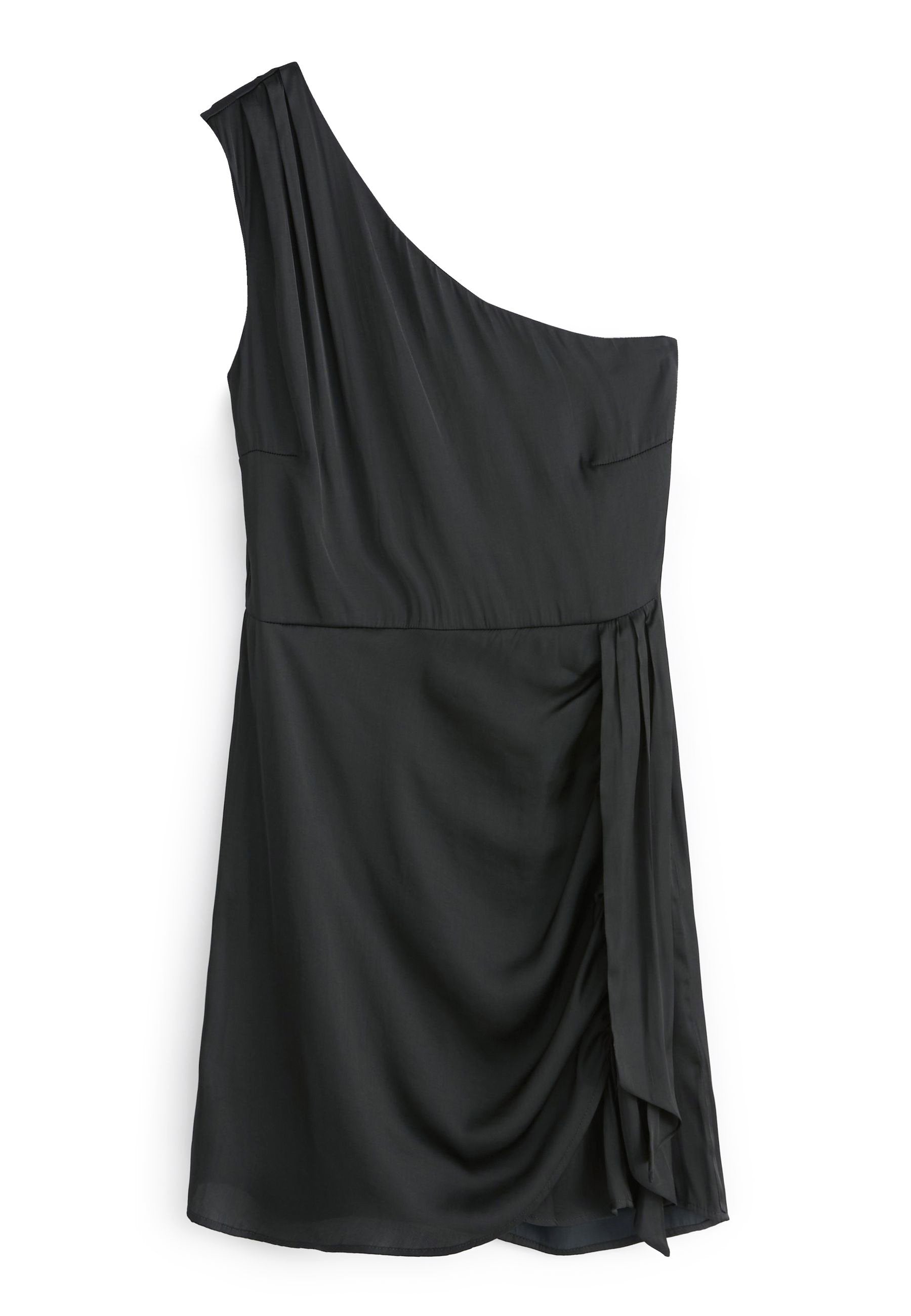 Schwarzes, einseitig getragenes Kleid aus glattem Stoff, das Falten, eine schmale Taille und ein drapiertes Seitendetail mit einer seitlichen Bindung aufweist.