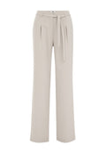 Helle beige weite Hose mit hohem Bund, ausgestattet mit einem Bindegürtel, Falten sowie einem glatten, strukturierten Stoff.