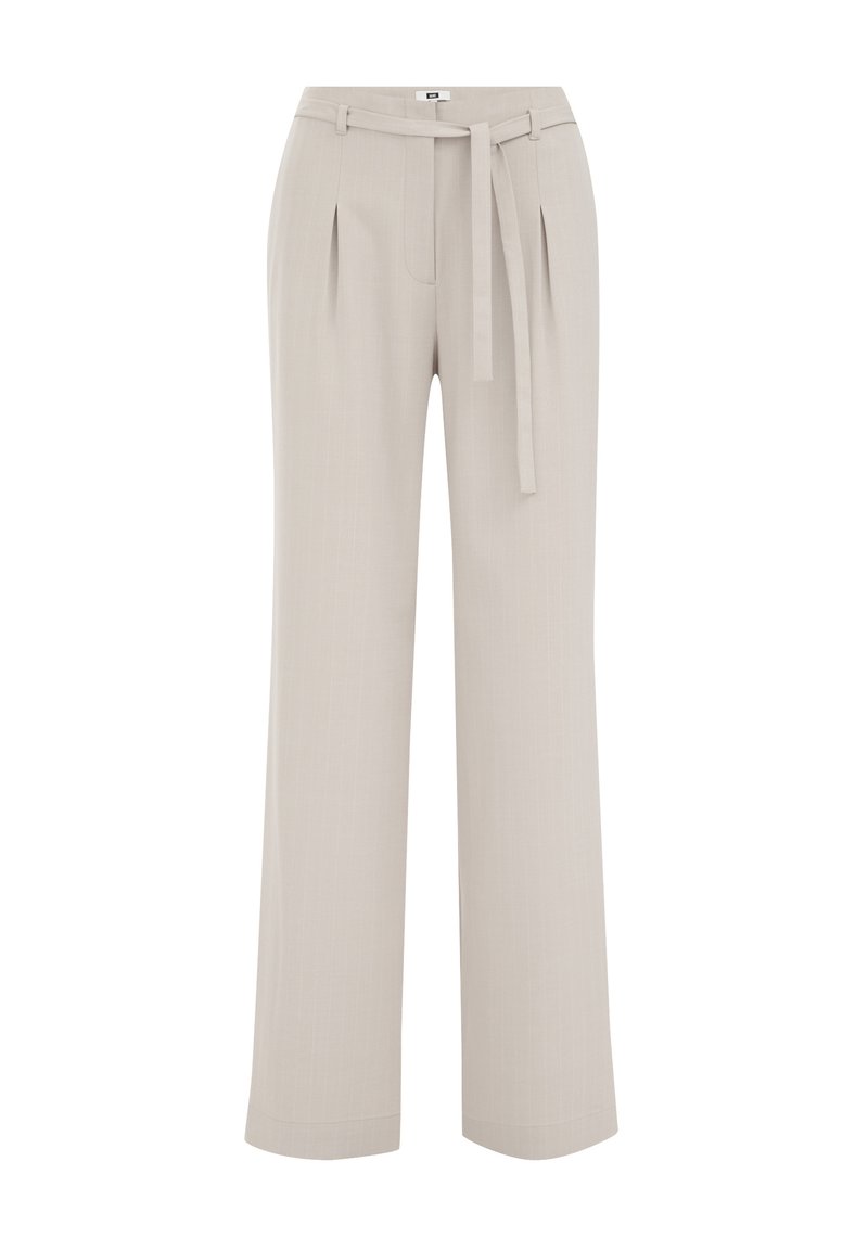 Helle beige weite Hose mit hohem Bund, ausgestattet mit einem Bindegürtel, Falten sowie einem glatten, strukturierten Stoff.