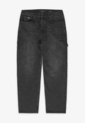 Schwarze Cargo-Jeans mit weitem Schnitt, seitlichen Taschen, minimalem Ausbleichen und einfacher Knopfverschluss am Bund.