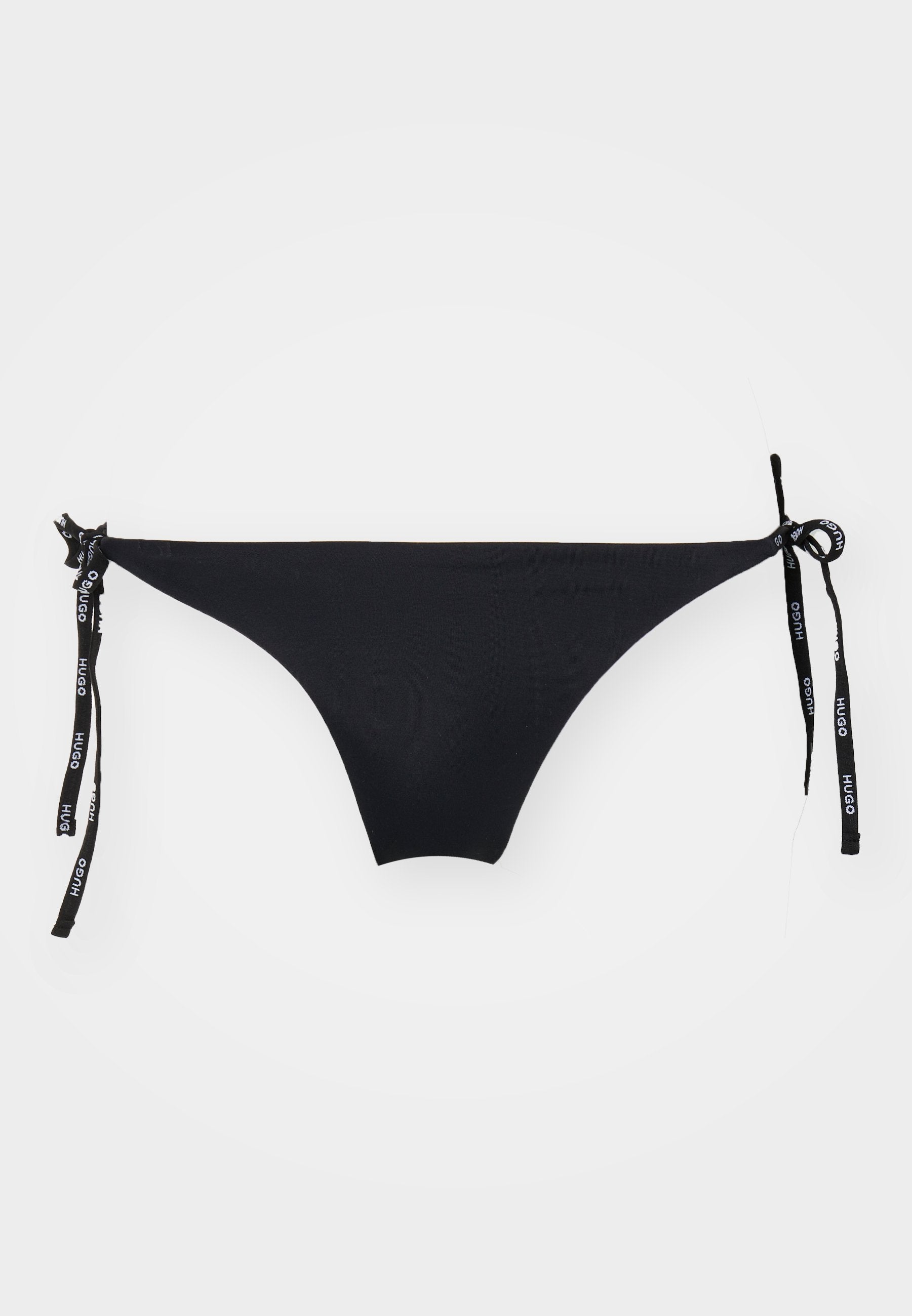 Schwarze Bikinihose mit schlichtem Design, ausgestattet mit seitlichen Bindebändern und Branding. Hergestellt aus glattem Stoff, bietet einen minimalistischen Look.
