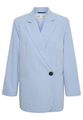 Hellblaue Blazer mit taillierter Passform, verfügt über eine doppelte Knopfleiste, Reverskragen, einen einzelnen schwarzen Knopf und zwei seitliche Taschen.