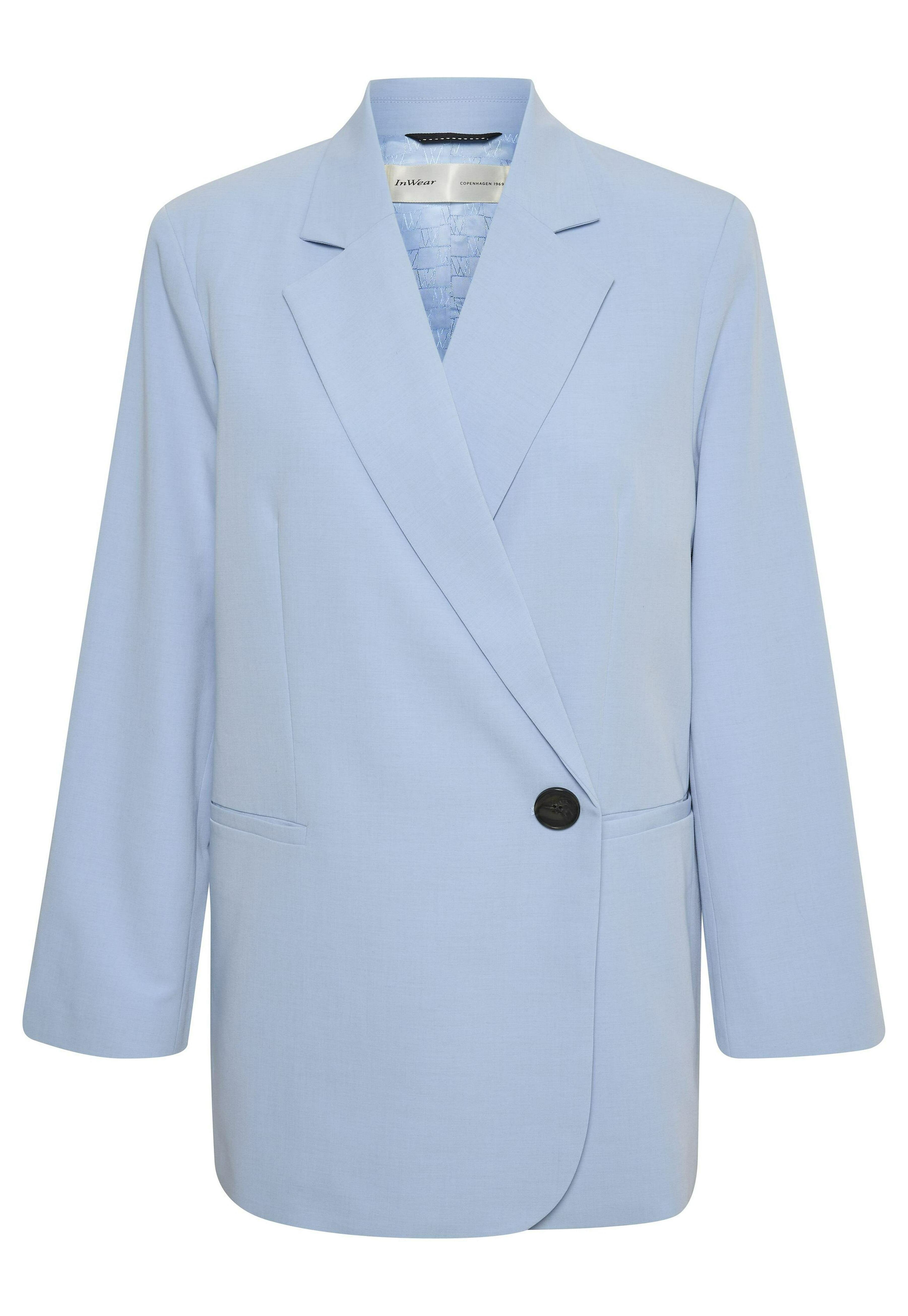 Hellblaue Blazer mit taillierter Passform, verfügt über eine doppelte Knopfleiste, Reverskragen, einen einzelnen schwarzen Knopf und zwei seitliche Taschen.