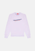 Lila Langarm-Sweatshirt mit gerippten Bündchen und Saum. Verfügt über das Logo "Diesel Industry DENIM DIVISION" in blauer und roter Druckschrift auf der Vorderseite.