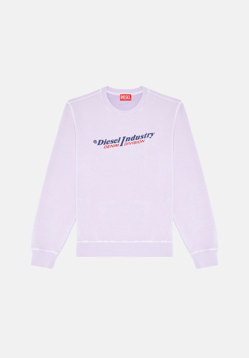 Lila Langarm-Sweatshirt mit gerippten Bündchen und Saum. Verfügt über das Logo "Diesel Industry DENIM DIVISION" in blauer und roter Druckschrift auf der Vorderseite.