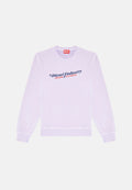 Lila Langarm-Sweatshirt mit gerippten Bündchen und Saum. Verfügt über das Logo "Diesel Industry DENIM DIVISION" in blauer und roter Druckschrift auf der Vorderseite.
