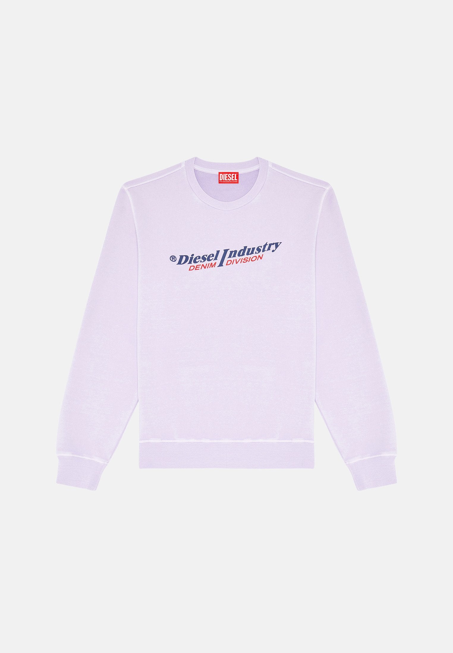 Lila Langarm-Sweatshirt mit gerippten Bündchen und Saum. Verfügt über das Logo "Diesel Industry DENIM DIVISION" in blauer und roter Druckschrift auf der Vorderseite.