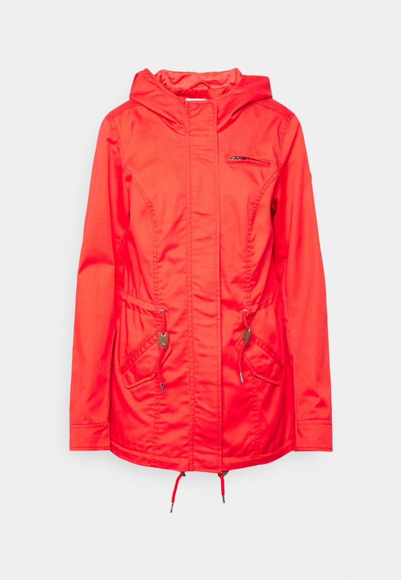 Rote Windjacke mit Reißverschluss vorne, verstellbarer Kapuze, Kordelzug in der Taille und zwei Fronttaschen. Glattes, leichtes Material.