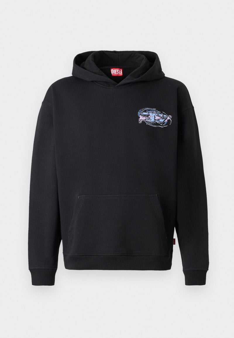 Schwarzer Hoodie aus einer Baumwollmischung. Mit einer Vordertasche, gerippten Bündchen und einer gestickten Grafik auf der Brust. Klassisches Design.