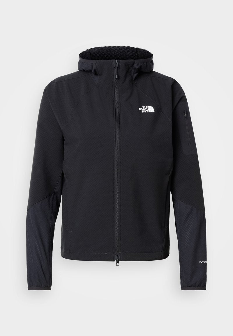 Schwarze Kapuzenjacke mit Reißverschluss und langen Ärmeln, The North Face-Logo auf der Brust, kleine Reißverschlusstasche am linken Ärmel und texturierte Stoffdetails.