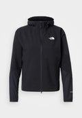 Schwarze Kapuzenjacke mit Reißverschluss und langen Ärmeln, The North Face-Logo auf der Brust, kleine Reißverschlusstasche am linken Ärmel und texturierte Stoffdetails.