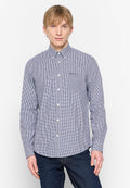 Blau-weiße kariertes Langarmhemd mit Button-Down-Kragen, einer Brusttasche und einer taillierten Passform.