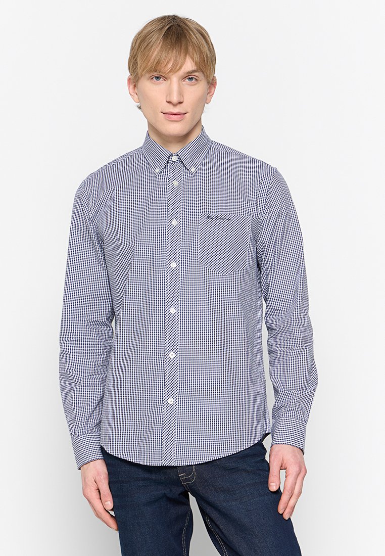 Blau-weiße kariertes Langarmhemd mit Button-Down-Kragen, einer Brusttasche und einer taillierten Passform.