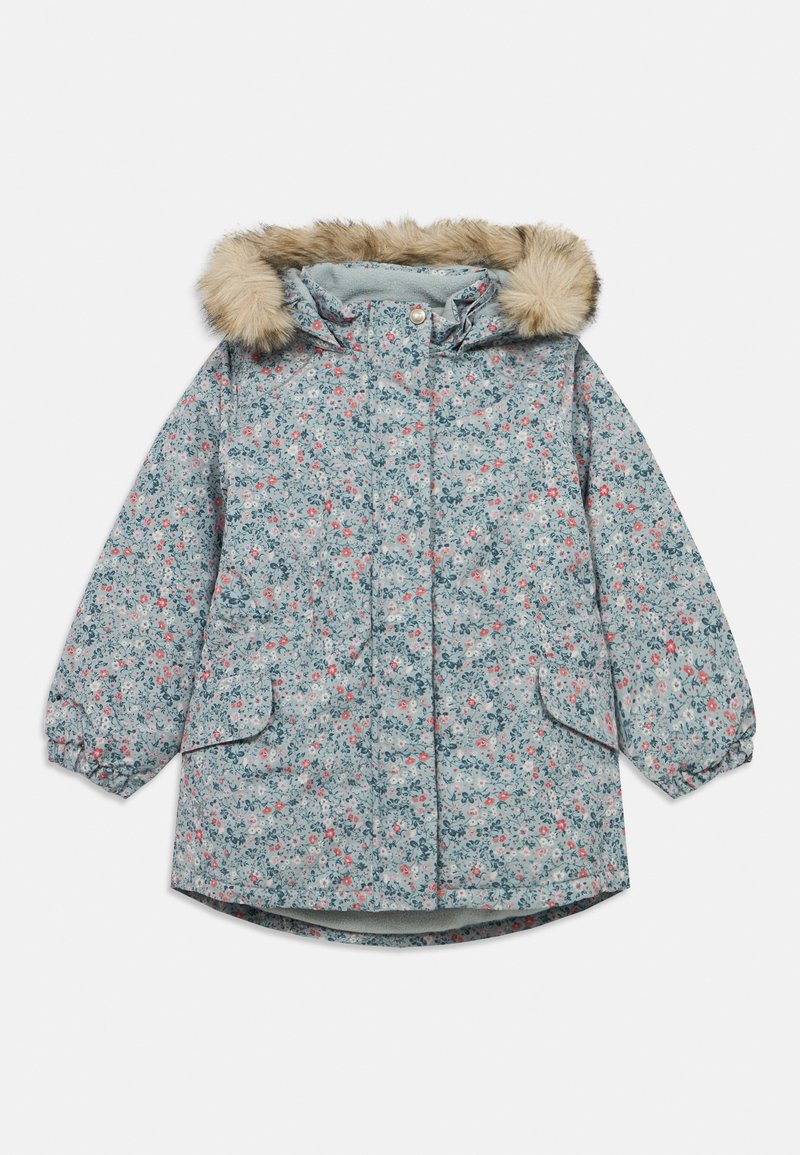 Himmelblauer, blumiger Wintermantel für Kinder mit Kapuze, gefüttert mit braunem Kunstpelz und elastischen Bündchen an den Ärmeln.