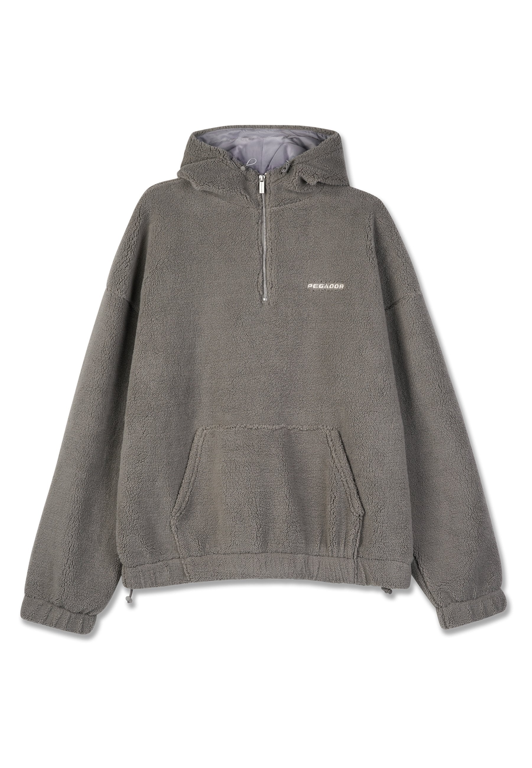 Grauer Fleece-Pullover mit Kapuze, halbem Reißverschluss vorne und Kängurutasche. Verfügt über gerippte Bündchen und einen verstellbaren Zugverschluss am Saum.