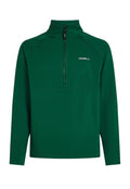 Grüner Fleece-Pullover mit Halbreißverschluss-Kragen, ausgestattet mit einem verstärkten Nahtdesign und einem Logo auf der linken Brust. Weiche Textur. Lange Ärmel.