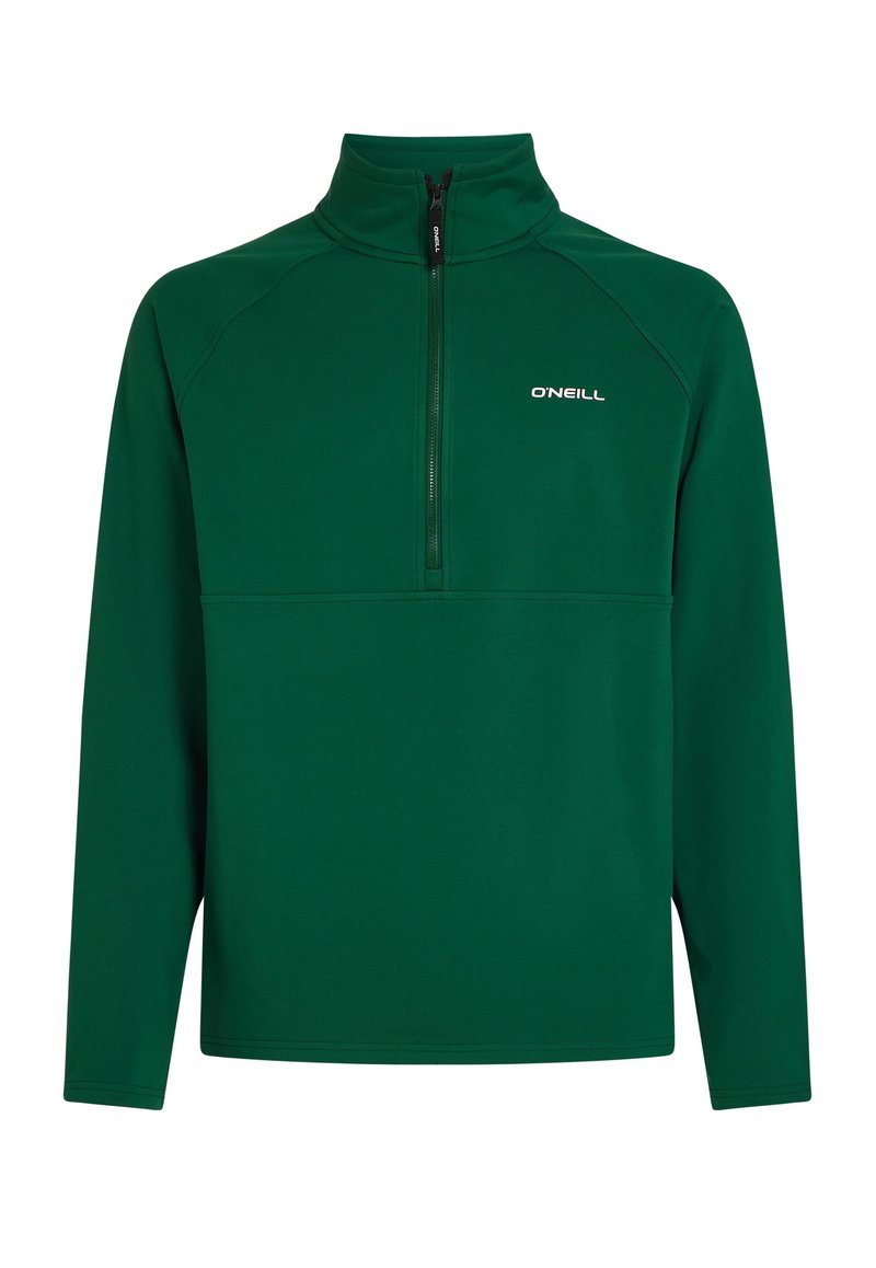 Grüner Fleece-Pullover mit Halbreißverschluss-Kragen, ausgestattet mit einem verstärkten Nahtdesign und einem Logo auf der linken Brust. Weiche Textur. Lange Ärmel.