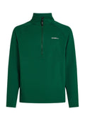 Grüner Fleece-Pullover mit Halbreißverschluss-Kragen, ausgestattet mit einem verstärkten Nahtdesign und einem Logo auf der linken Brust. Weiche Textur. Lange Ärmel.