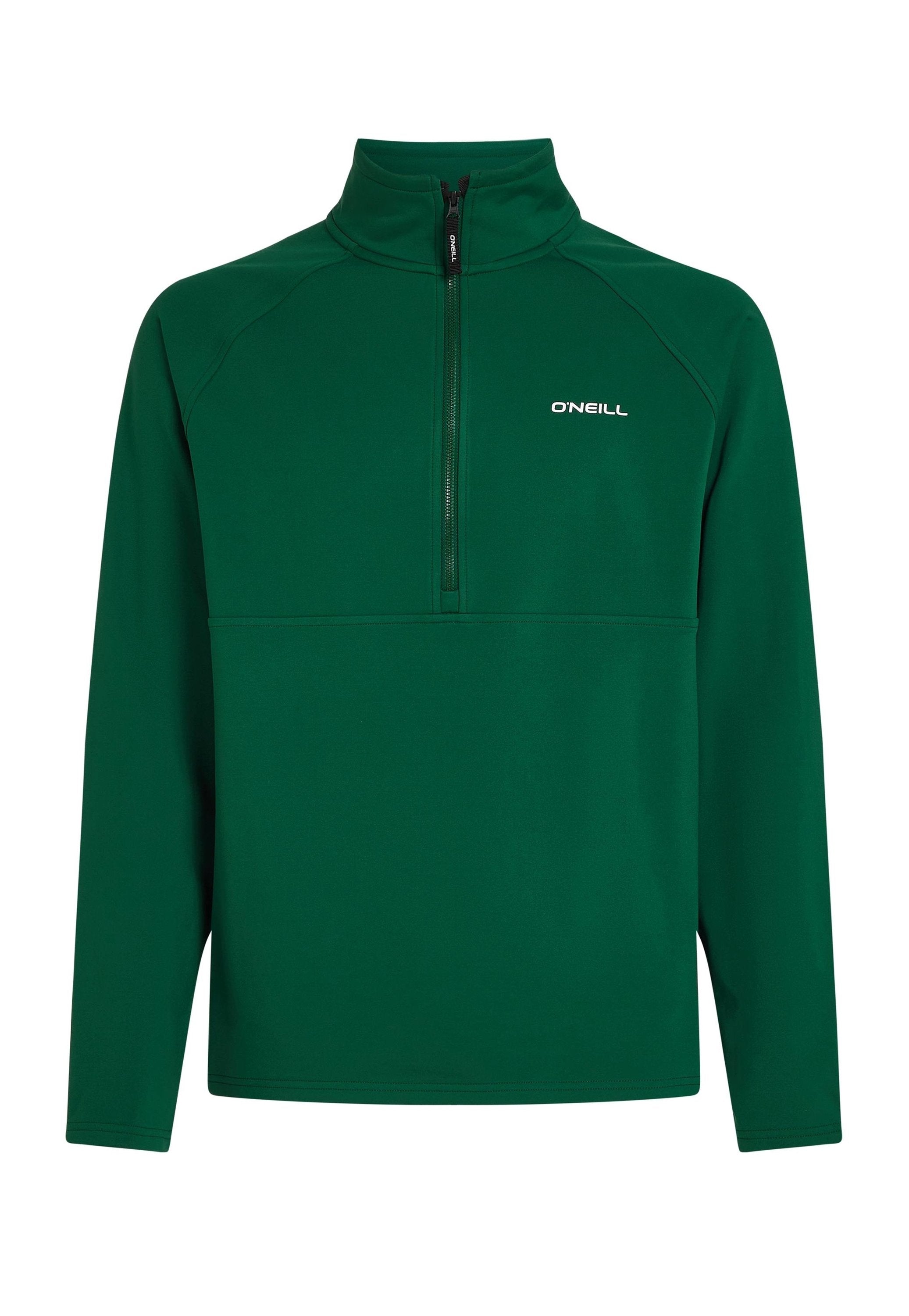 Grüner Fleece-Pullover mit Halbreißverschluss-Kragen, ausgestattet mit einem verstärkten Nahtdesign und einem Logo auf der linken Brust. Weiche Textur. Lange Ärmel.