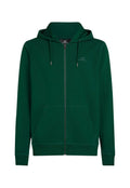 Dunkelgrüne Zip-Hoodie aus weichem Material mit einer Fronttasche, verstellbaren Kordeln und einem dezenten Logo auf der Brust.