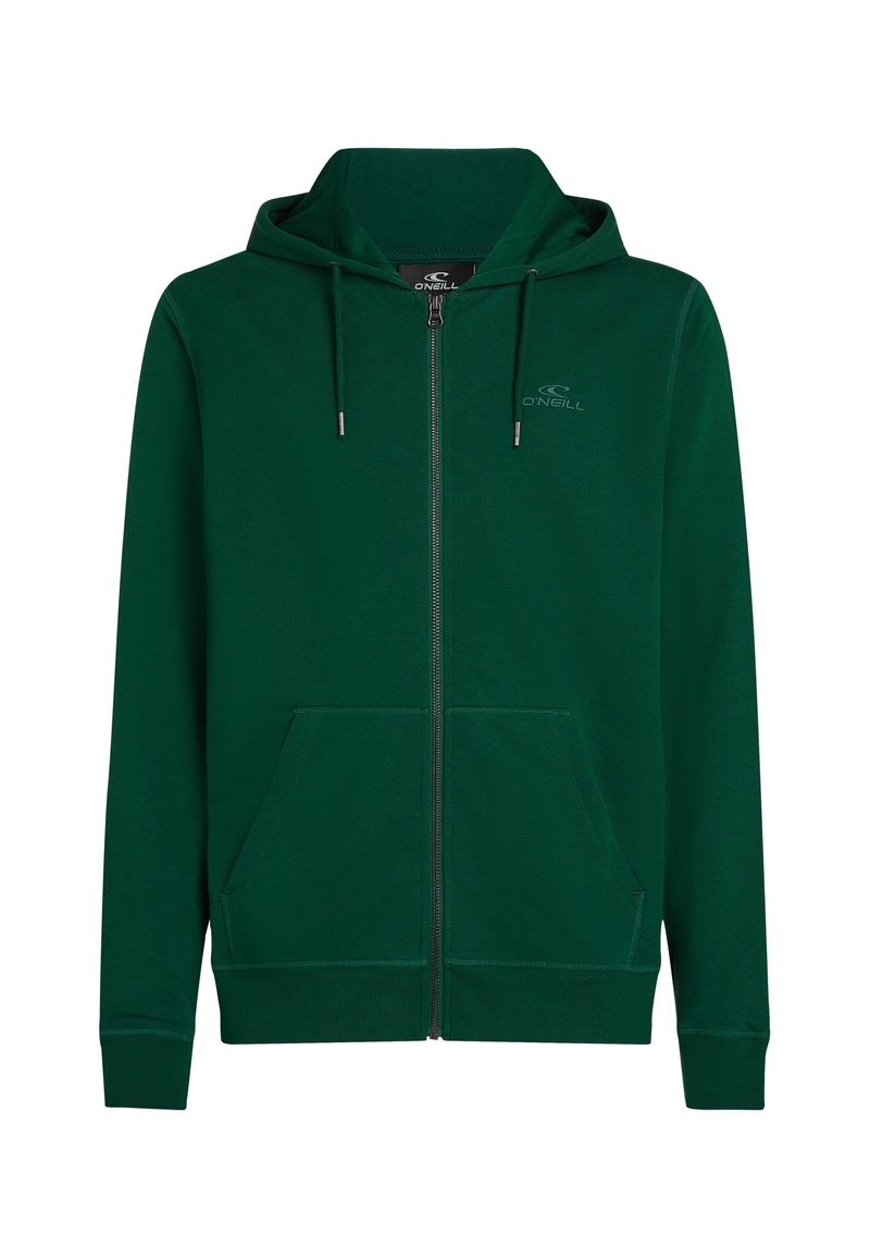 Dunkelgrüne Zip-Hoodie aus weichem Material mit einer Fronttasche, verstellbaren Kordeln und einem dezenten Logo auf der Brust.