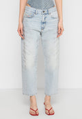 Hellblaue Jeans aus Denim mit verwaschenen Bereichen und verstreuten silbernen Verzierungen, mit geradem Bein und fünf Taschen.