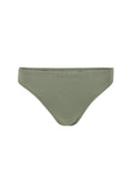 Olivenfarbene Bikinihose aus glattem Material. Klassisches Design mit mittlerer Bedeckung; verfügt über einen dünnen Bund und keine Verzierungen.