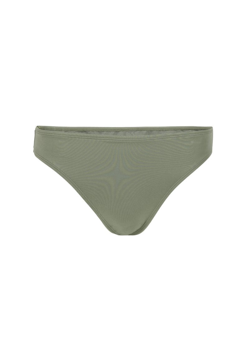 Olivenfarbene Bikinihose aus glattem Material. Klassisches Design mit mittlerer Bedeckung; verfügt über einen dünnen Bund und keine Verzierungen.
