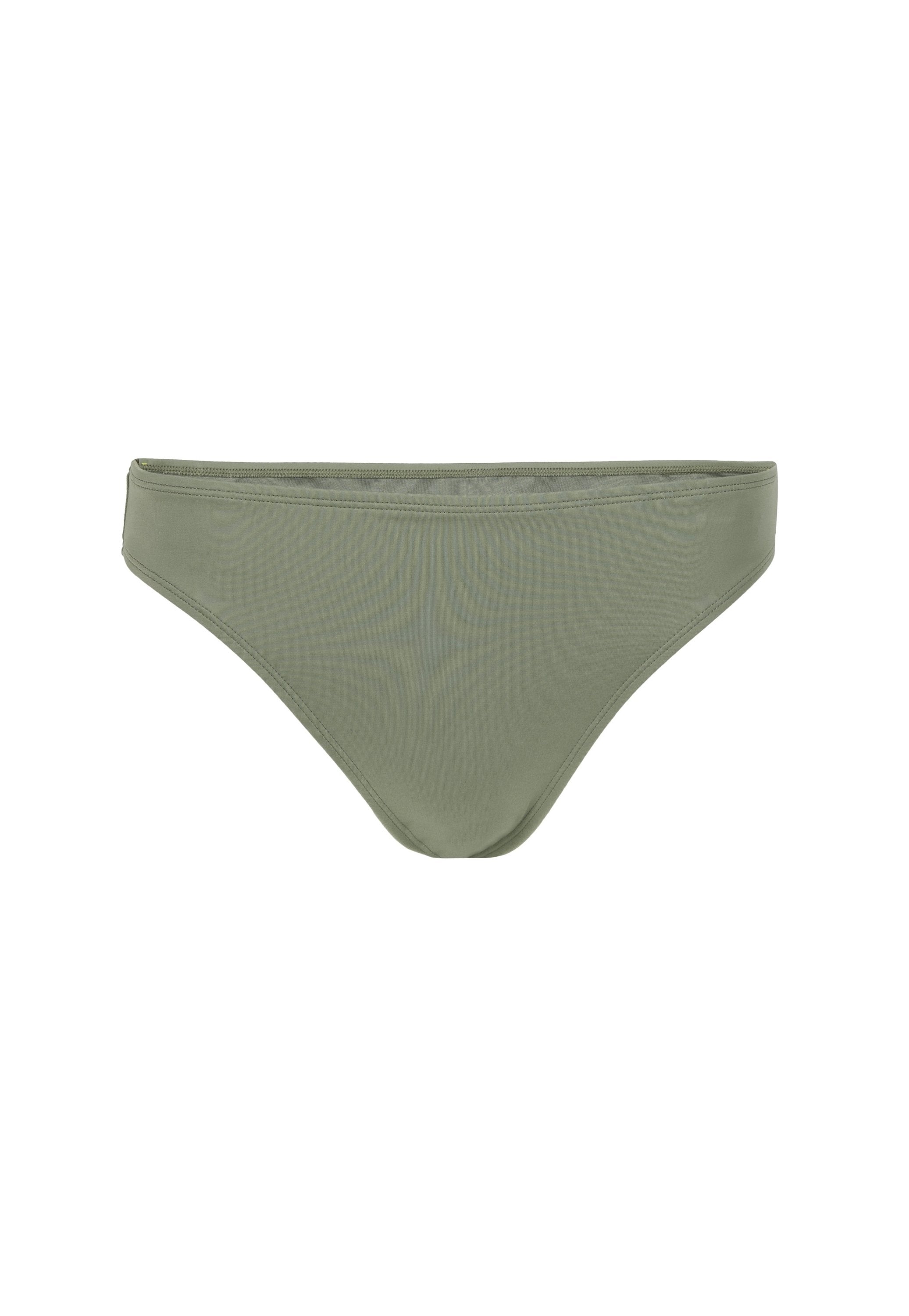 Olivenfarbene Bikinihose aus glattem Material. Klassisches Design mit mittlerer Bedeckung; verfügt über einen dünnen Bund und keine Verzierungen.