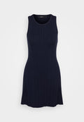 Navyfarbenes ärmelloses Kleid aus geripptem Strickmaterial. Eng anliegendes Oberteil, das sanft am Saum ausgestellt ist, mit einem Rundhalsausschnitt und strukturiertem Muster.